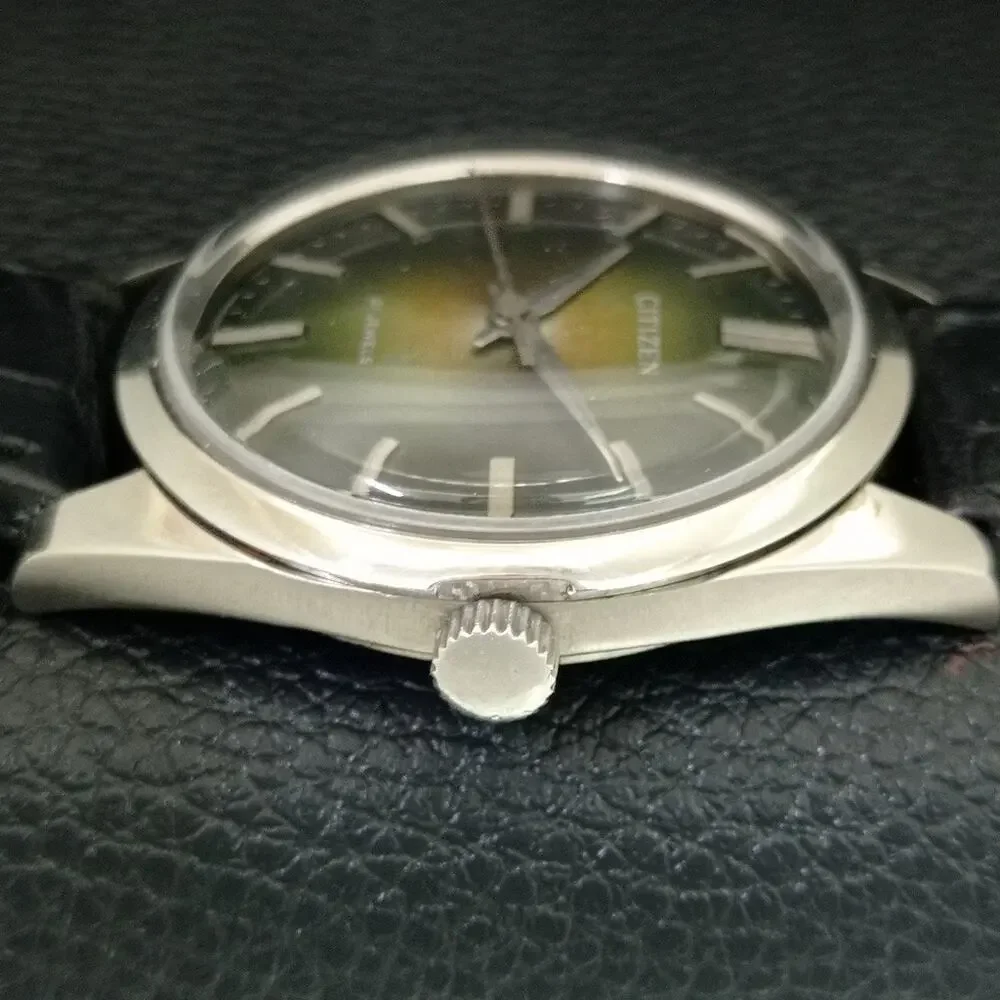 Vintage 1984 Citizen Manual Wound Mens Silver Watch & Olive accents